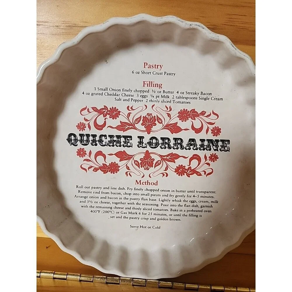 Ashley Ceramics VTG Quiche Lorraine Recipe White Ceramic Fluted Tart Pan England